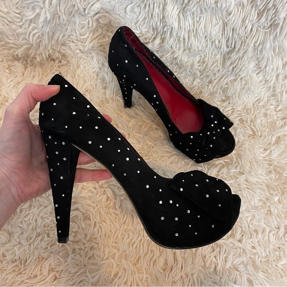 TARA SUBKOFF BEBE Swarovski Crystal Bow Platform Peep opentoe heel black suede 8 - Picture 4 of 12